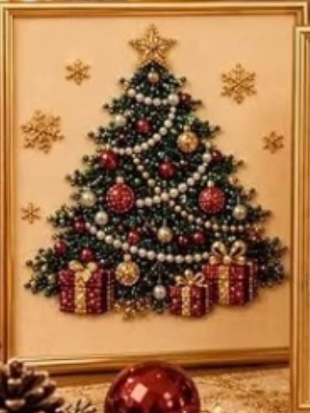 2D Christmas Pearl Diamond Painting DIY Craft. Art Canvas Holiday Tree.
